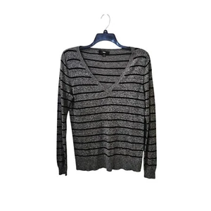 Mossimo Grey Black Striped Sweater Large y2k Deep V-Neck Soft Nylon Rayon - Picture 1 of 6
