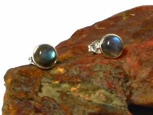 Fiery Round LABRADORITE  Sterling Silver 925 Gemstone Stud Earrings - 8 mm - Picture 1 of 4