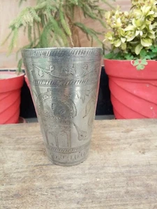 Antique Hand Forged Floral Mosque Carved Lassi Glass Cup Nickel Polished - Picture 1 of 6
