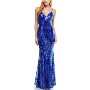 SAY YES TO THE PROM Women's Blue Sequined Zippered Spaghetti Strap NWT - Picture 1 of 11