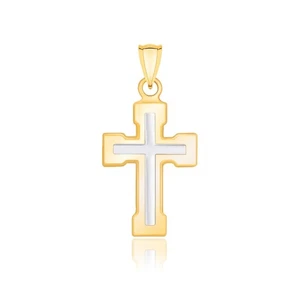 14k Two-Tone Gold Dual Cross Design Pendant with Block Ends - Picture 1 of 1
