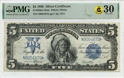 1899 $5 Silver Certificate Mule Blue Seal Fr# 280m PMG VF30 GCC Gold - Image 1 of 2