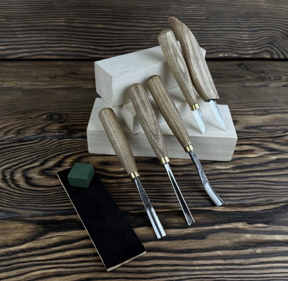 5-Piece Wood Carving Tools Set with Leather Roll – Hand Forged Knives & Chisels - Image 1 of 4