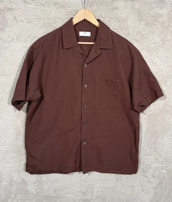 Uniqlo Shirt Mens Large Brown Linen Cotton Short Sleeve Camp Collar Cuban Casual - Image 1 of 4