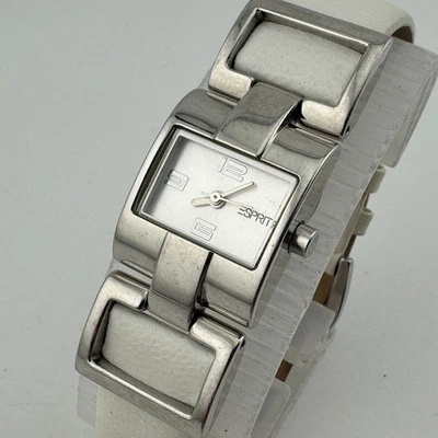 Esprit Quartz Watch Women Silver White Wide Rectangle Leather Analog New Battery - Image 1 of 4