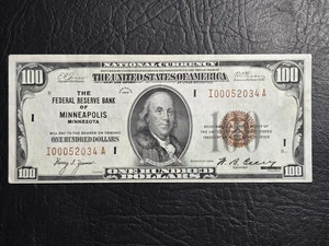 UNC Series of 1929 $100 National Currency, FRB Minneapolis, MN - Picture 1 of 2