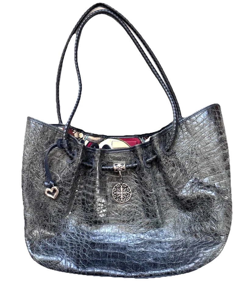 Brighton Gray Croc Embossed Hobo Bag Leather Tote Satchel Heart Charm 16”x11” - Image 1 of 4