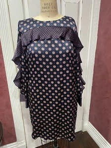 Banana Republic Silk Dress Sz 8 Blue Mixed Pattern Ruffle Long Sleeve Shift - Picture 1 of 4