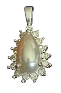 Vintage Signed Roman Pendant Necklace Faux Pearl Clear Rhinestone Silver Tone - Picture 1 of 2