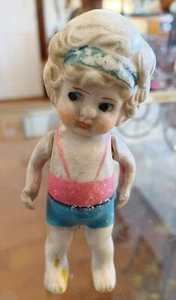 Vintage Antique c.1920's Bathing Beauty Bisque Porcelain Jointed Doll Girl 5"  - Picture 1 of 3