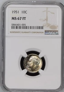 Moneda de diez centavos Roosevelt 1951 10C FB NGC MS67FT 5866401-005 - Imagen 1 de 2