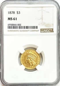 1878 GOLD UNITED STATES $3 INDIAN PRINCESS HEAD COIN NGC MINT STATE 61 - Picture 1 of 2
