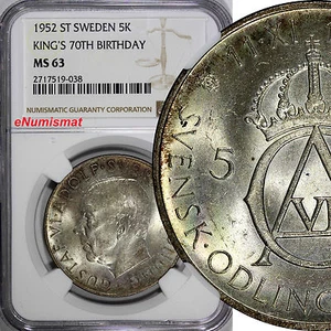 SWEDEN Silver 1952 ST 5 Kronor NGC MS63 70th Birthday Gustaf VI Adolf KM# 828(8) - Picture 1 of 4