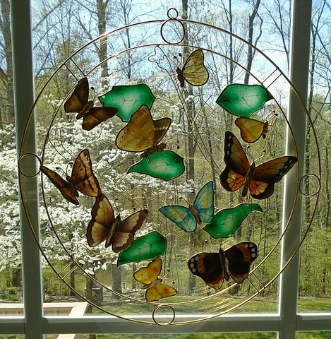 Vintage Gold Tone Wire Butterfly Capiz Shell Sun Catcher Wall Hanging Picture Cover