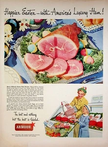 Carrito de compras de comestibles Armour Ham 1949 anuncio impreso vintage años 40 Happier Easter - Imagen 1 de 1