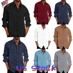 Mens Button Down Long Sleeve Plain Shirts Casual Fit Formal Tops Tee Shirt US - Picture 1 of 15