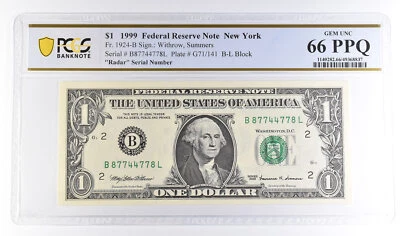 1999 $1 New York NY FRN Fr#1924-B Radar Serial Gem Unc 66 PPQ PCGS *6114 - Image 1 of 3