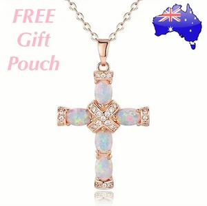 Rose Gold Fire Opal Crystal Religious Cross Crucifix Pendant Chain Necklace Gift - Picture 1 of 8