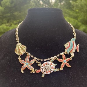 Vtg Coastal Sea Necklace Turtle Shell Starfish Coral Blue Bead Rhinestone 18-21” - Picture 1 of 6