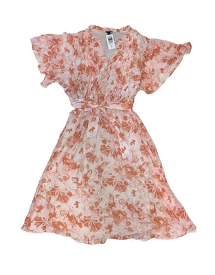 NUEVO Vestido Pintuck Estampado Floral Midi Chifón Volantes Cuello Rosa Naranja Talla 2X Foto 1 de 4