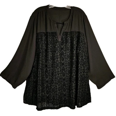 Womens Black Chiffon Velvet Burnout L/S Top 3X/54" Bust Blouse Flowy Goth Witchy - Image 1 of 4