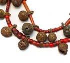 Antique African Fulani Necklace  Red White Heart Beads & Brass Bells (836P140)