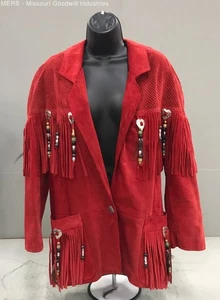 Women's Davenel Red Solid Fringed Beaded Western Leather Jacket Outerwear Size M - Picture 1 of 4