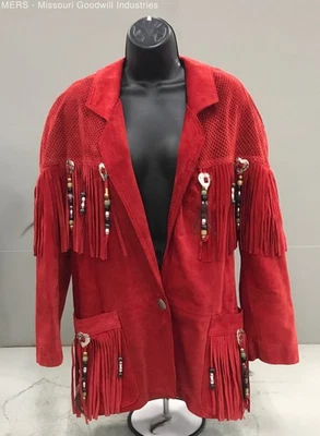 Women's Davenel Red Solid Fringed Beaded Western Leather Jacket Outerwear Size M - Image 1 of 4