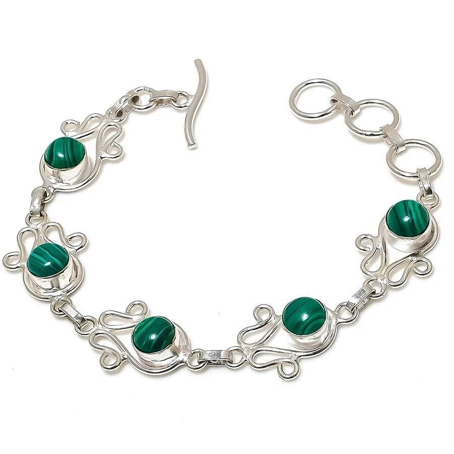 Green Malachite Gemstone Handmade 925 Sterling Silver Jewelry Bracelet Size 7-8" - Image 1 of 1