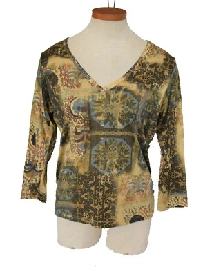 Blusa Lynn Ritchie Algodón Seda Mujer Manga 3/4 Geométrica Beige Top Talla S Nueva Foto 1 de 4