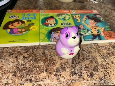 LeapFrog Leap Reader Junior Purple Puppy Dog Reader & 3 Books Toy Story Dora EUC - Image 1 of 4