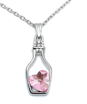 Wholesale 12X Jewelry Necklace Lot Bottle With Pink Crystal Heart Silver Tone - Image 1 of 4