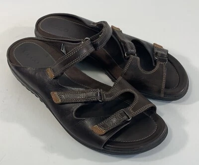 ECCO Women’s Size 40 - 3 Strap Dark Brown Leather Shock Point Mini Wedge Sandals - Image 1 of 4