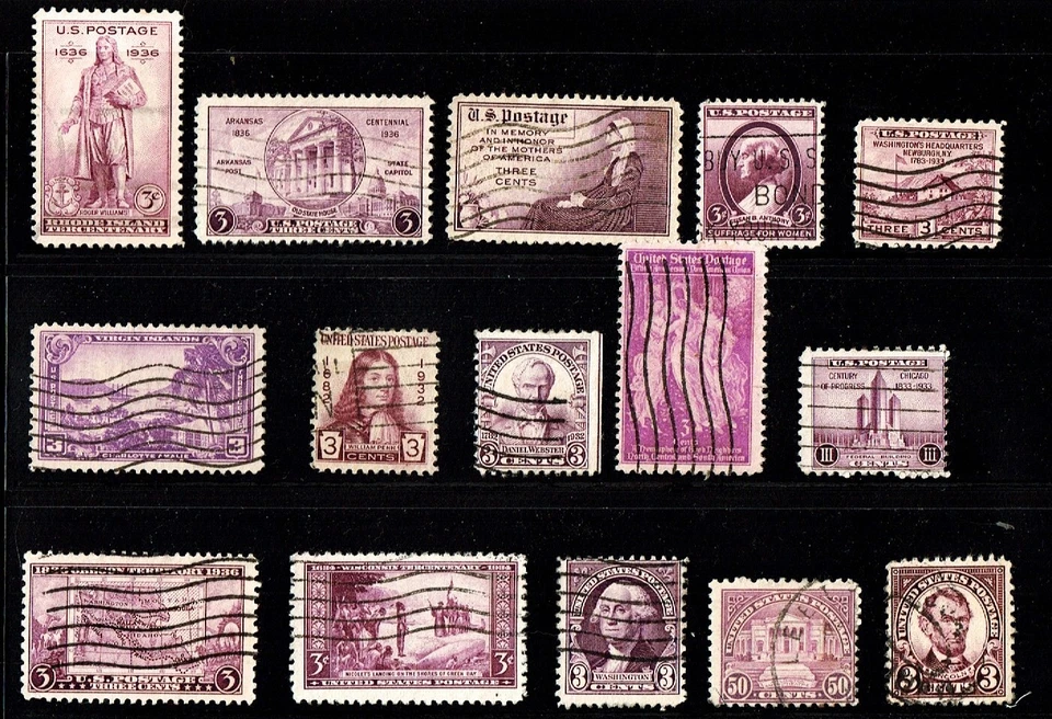 1936-  U.S. Commems 3c+  Purples Mixed Lot of 15  Sc#776-  Used  Neat! - Image 1 of 1
