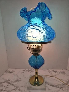 VTG Fenton Colonial Blue Poppy Pattern Student Lamp With Marble Base 19" GWTW - Picture 1 of 15