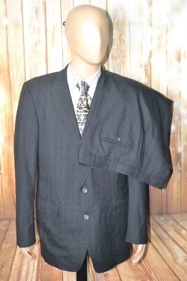 Hickey Freeman Men Black Wool Stripe 2 Front Button Suit Sz 44L Wst 38x32 - Image 1 of 4