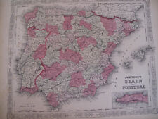 Hand Colored Map Johnson's Atlas Spain Portugal Lisbon Barcelona Gibraltar 1863