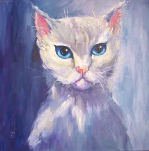 Weiße Katze mit blauen Augen Original Ölgemälde Katze Wandbild Leinwand 20x20 cm - Bild 1 von 4