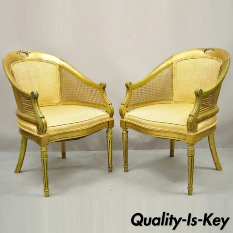 French Hollywood Regency Gold Gilt Barrel Back Cane Lounge Chairs - a Pair Cover
