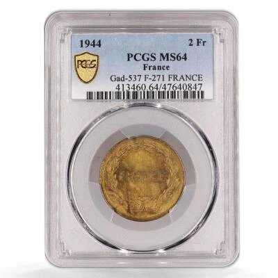 France 2 francs State Coinage Coat of Arms KM-905 MS64 PCGS brass coin 1944 - Image 1 of 2