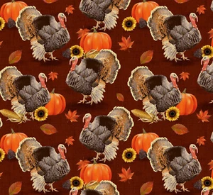 THANKSGIVING TURKEYS & PUMPKINS BY DAVID TEXTILES LEAVES COTTON FABRIC HALF YARD - Picture 1 of 2