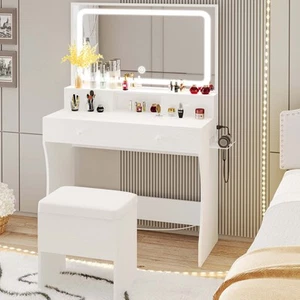 Vanity Desk With Led Lighted Mirror & Power Outlet & 4 Drawers Makeup Table Set - Picture 1 of 7