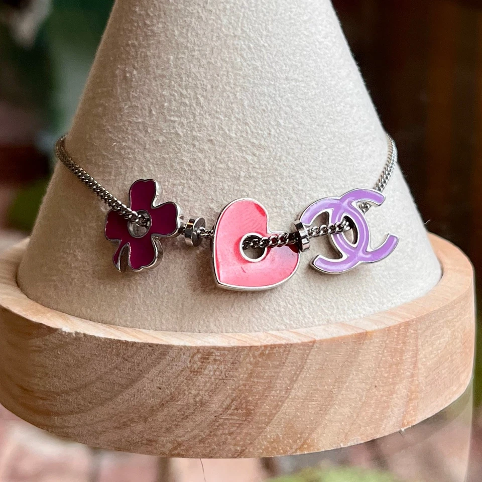 CHANEL CC Clover Heart Silver Enamel Bracelet - Image 1 of 4