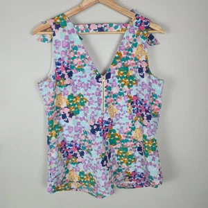 Attention Floral Print Sleeveless Top Women Medium V Neck Zipper Bow Cottagecore - Picture 1 of 10