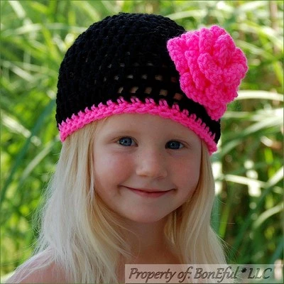 BonEful RTS NEW Boutique Crochet Knit Pink Black Flower Holiday Sm Baby Girl Hat - Image 1 of 4