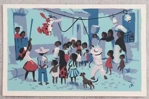 Vintage 1950s Puerto Vallarta Mexican Silk Screen Print Pinata Birthday Party - Picture 1 of 3