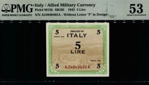 1943 ITALY ALLIED MILITARY CURRENCY 5 LIRE PMG 53 ABOUT UNCIRCULATED PICK#M11a - Picture 1 of 2