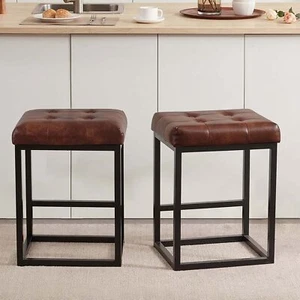 Tabourets de comptoir lot de 2 tabourets de comptoir touffetés hauteur tabourets de cuisine en cuir - Photo 1 sur 39