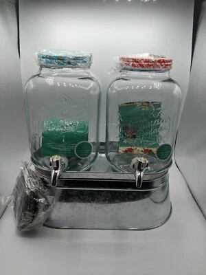 The Pioneer Woman Drink Dispenser Set 2 Glass Jugs picnic Ice Bucket NEW - Image 1 of 4