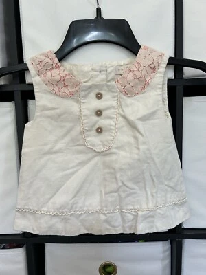 Mini Boden 2T Ivory Linen Top Pink Lace Collar Sleeveless Shirt - Image 1 of 4